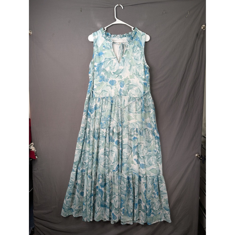 Calvin Klein Blue Floral Tiered Chiffon Maxi Dress Sleeveless Ruffle Neck 12